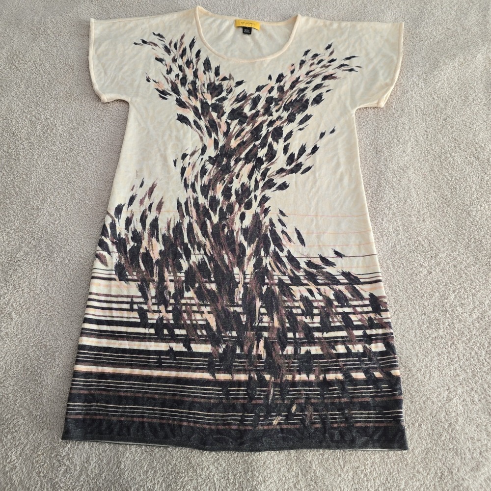 St John Knit Sheath Dress Women's Abstract Botanical Print Ivory Wool Blend Sz S